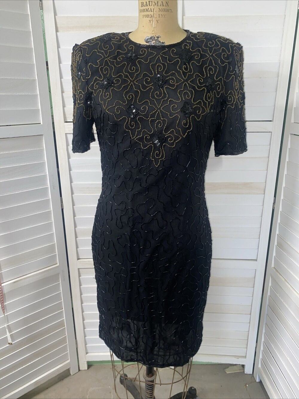 New Vintage 80s J.M.C. Black Beaded 100% Silk Cocktail Sheath Dress Open Back M